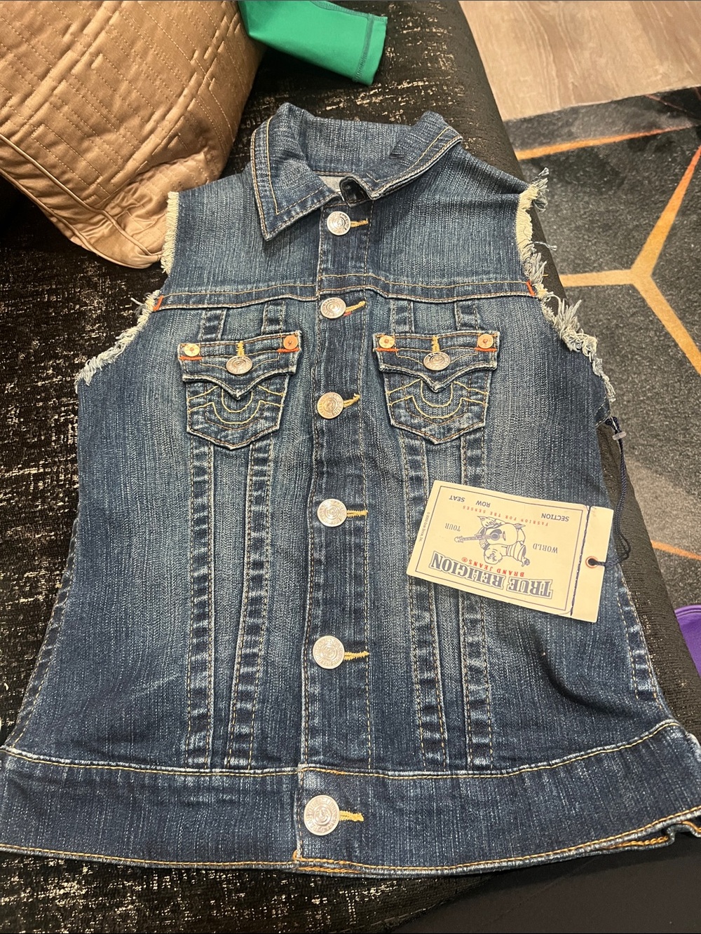 True Religion Indigo Frayed Sleeve Denim Vest